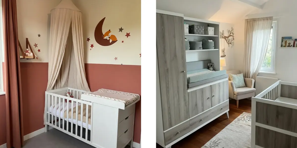 Babykamers met functionele 2 in 1 meubels in een kleine babykamer.